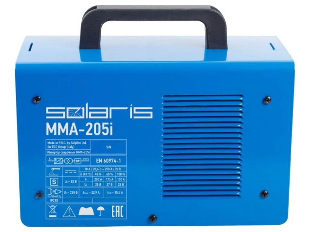 Инвертор сварочный SOLARIS MMA-205i (230В; 10-200 А; 85В; электроды диам. 1.6-5.0 мм; вес 5.1 кг)