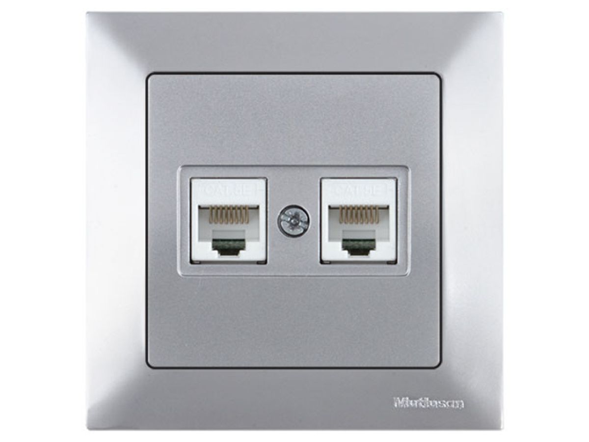 Розетка компьютерная 2xRJ45 (Cat5e, скрытая) серебро, DARIA, MUTLUSAN