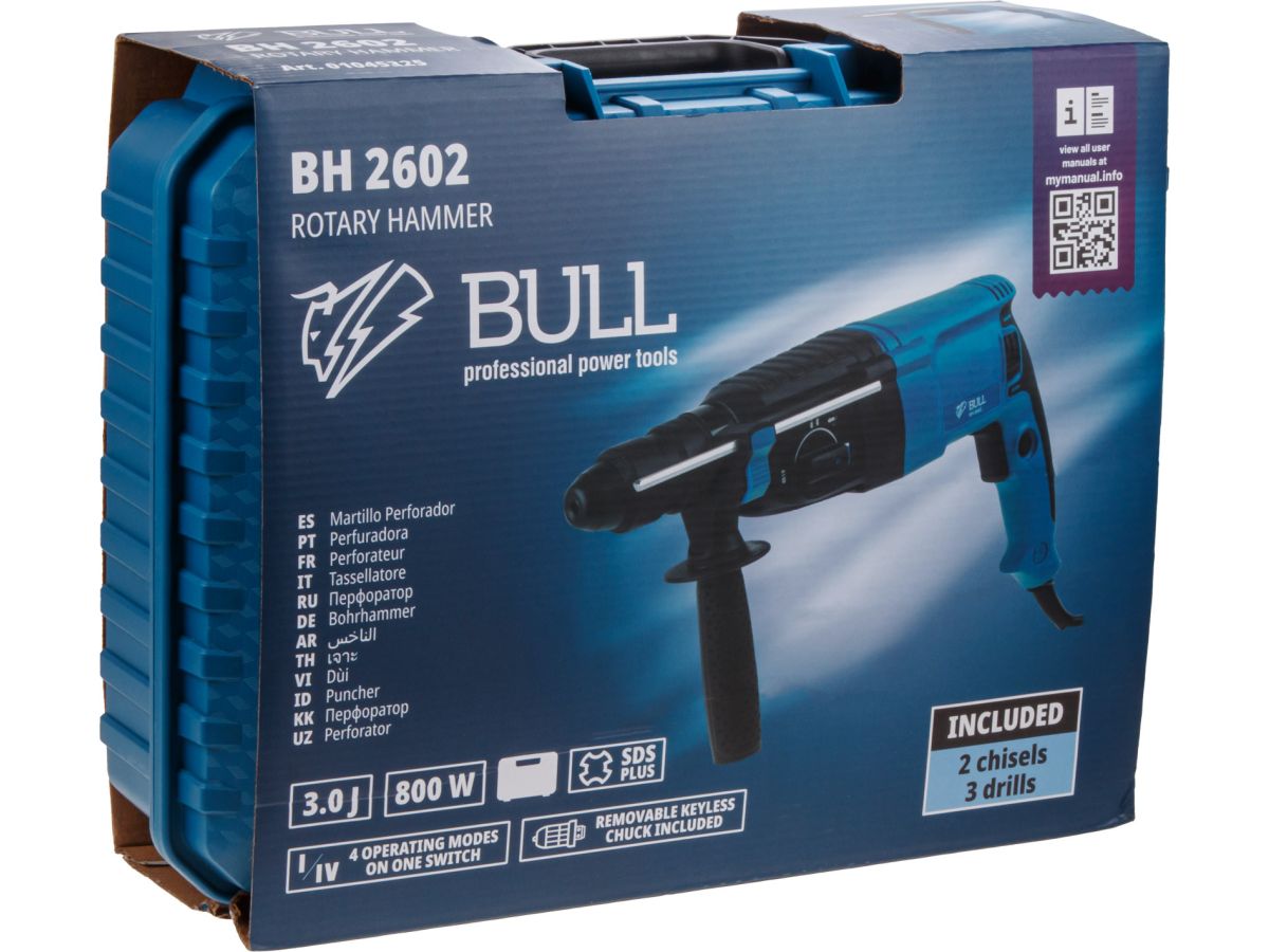 Перфоратор BULL BH 2602 в чем. 800 Вт, 3.0 Дж, 4 реж. + 2 зубила, 3 сверла, БЗП в комплекте