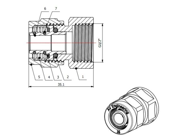 Муфта 16(2.0) х 1/2" вн. для труб PEX, AV Engineering (инд. упак.) (для металлопластиковых и PEX труб)