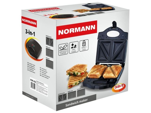 Сэндвичница электрическая NORMANN ASM-422 (750Вт; 3-в-1 (4 треугольных ломтика, гриль, вафельница))