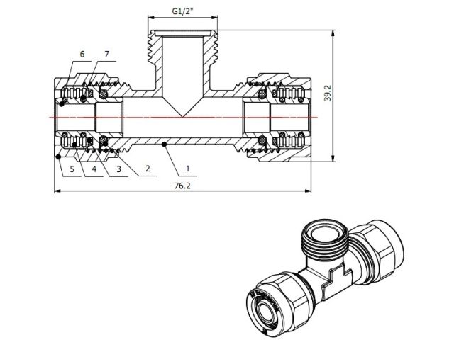 Тройник 16(2.0) х 1/2" нар. х 16(2.0) для труб PEX, AV Engineering (инд. упак.) (для металлопластиковых и PEX труб)