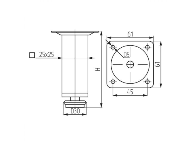 Опора мебельная квадратная d25х100 мм, хром STARFIX