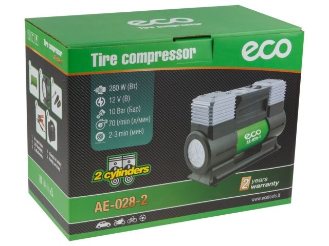 Компрессор автомобильный ECO AE-028-2 (12 В, 280 Вт, 70 л/мин, 2 цилиндра, 10 бар (манометр 7 бар), фонарь, сумка)