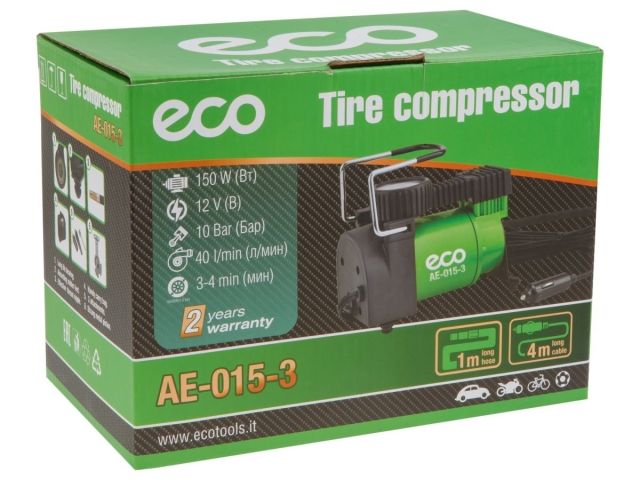 Компрессор автомобильный ECO AE-015-3 (12 В, 150 Вт, 40 л/мин, 10 бар (манометр 7 бар), сумка)