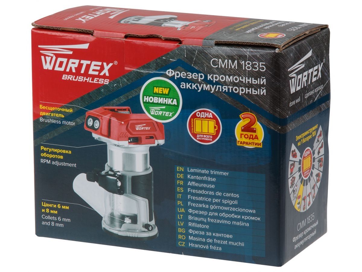 Аккум. фрезер кромочный WORTEX CMM 1835 в кор. ALL1 XLT SOLO БЕСЩЕТ., 18 В, цанга 6/8, рег. об, конс