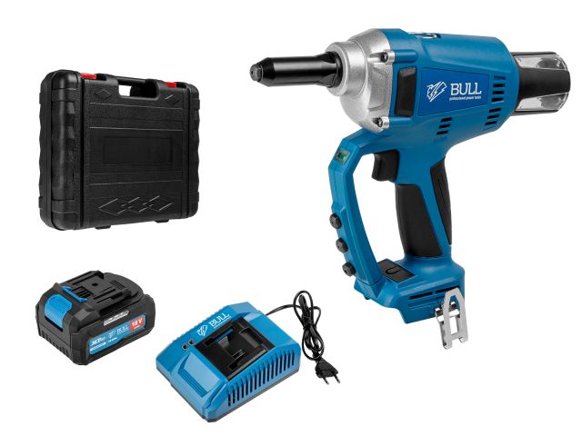 Аккум. заклепочный пистолет BULL CRG 1018 в чем. XLTpro, БЕСЩЕТ., 25 мм, 10000 Н, 1х4 А*ч (2.4, 3.2, 4.0, 4.8 мм, вытяжные, подсветка)