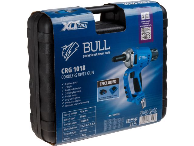 Аккум. заклепочный пистолет BULL CRG 1018 в чем. XLTpro, БЕСЩЕТ., 25 мм, 10000 Н, 1х4 А*ч (2.4, 3.2, 4.0, 4.8 мм, вытяжные, подсветка)
