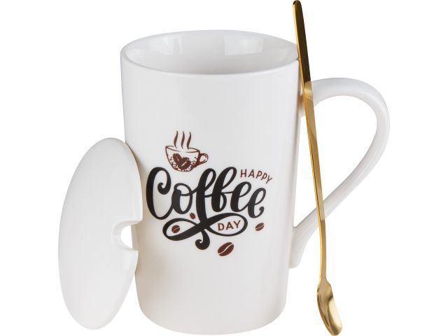 Кружка керамическая с крышкой и ложкой, 350 мл., COFFEE DAY, PERFECTO LINEA