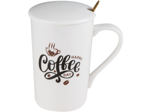Кружка керамическая с крышкой и ложкой, 350 мл., COFFEE DAY, PERFECTO LINEA