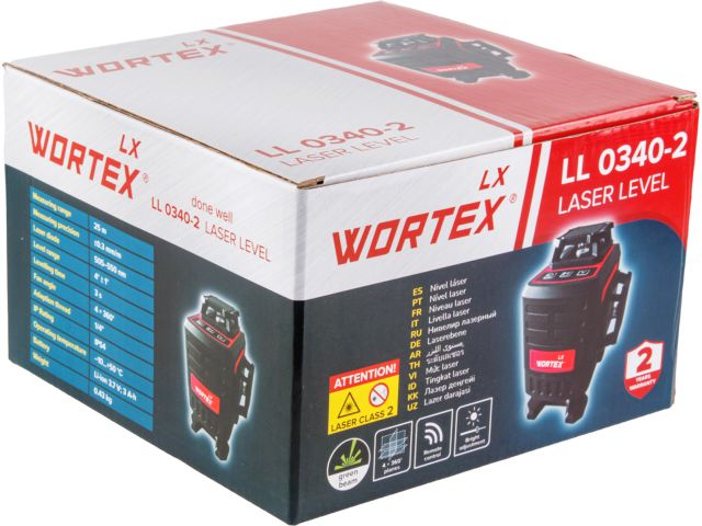 Нивелир лазерный линейный WORTEX LX LL 0340-2 (4х360°, до 25 м, +/- 0.3 мм/м, зеленый) (резьба 1/4")