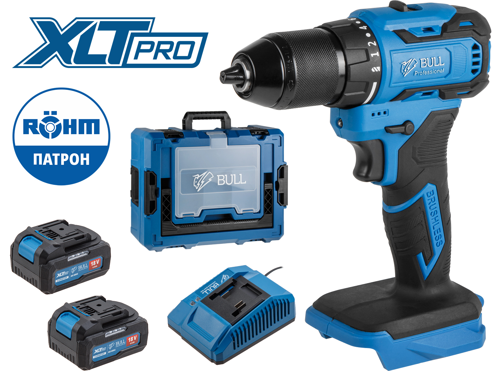 Аккум. дрель-шуруповерт BULL SR 1804 R-series Xcase XLTpro БЕСЩЕТ., Импульс., 18 В, 50 Н*м, 2х4 А*ч