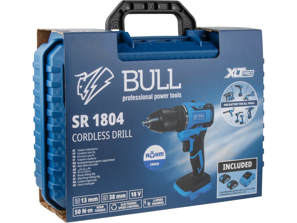 Аккум. дрель-шуруповерт BULL SR 1804 R-series Xcase XLTpro БЕСЩЕТ., Импульс., 18 В, 50 Н*м, 2х4 А*ч