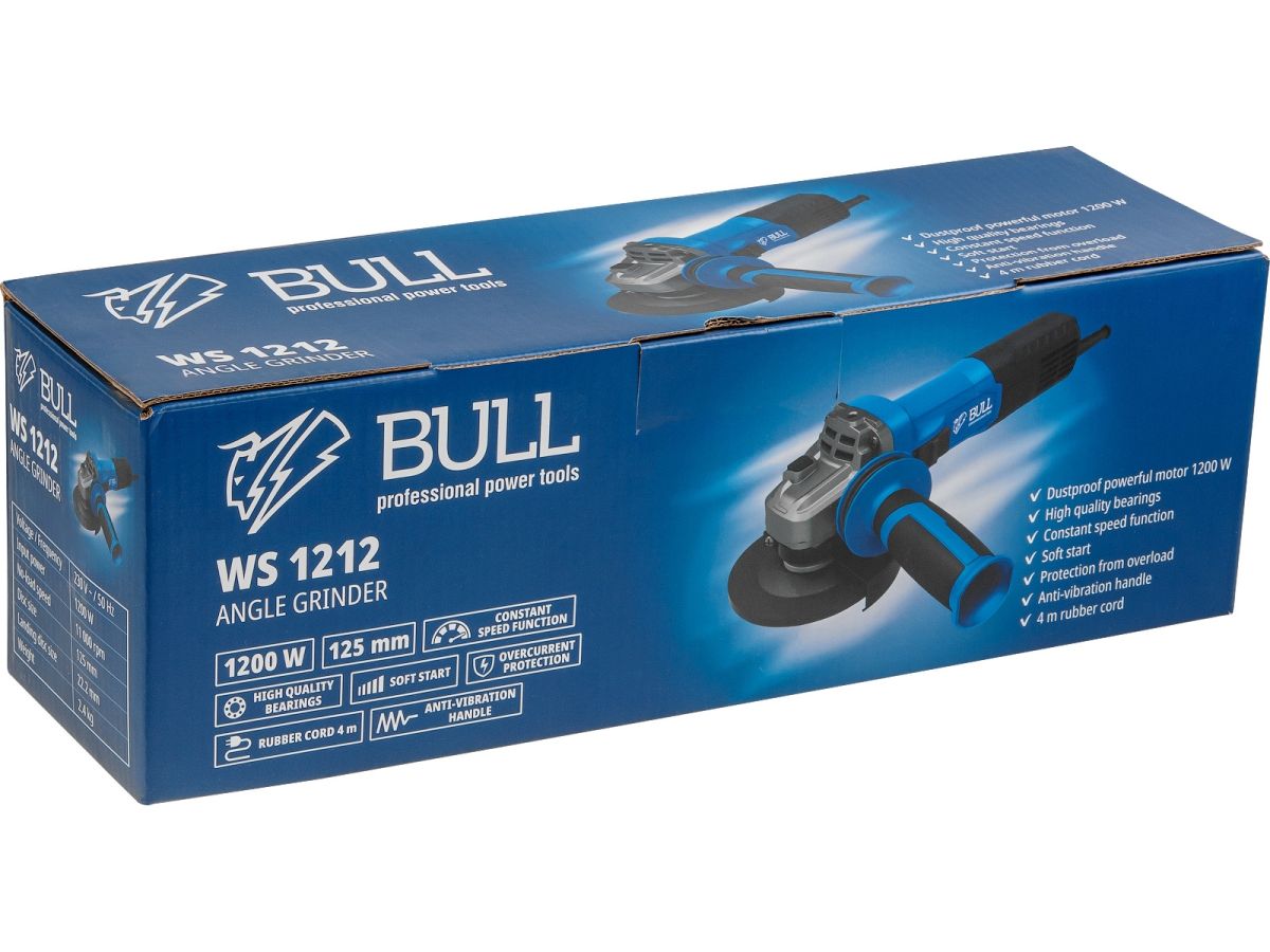 Одноручная углошлифмашина BULL WS 1212 в кор. 125 мм, 1200 Вт, плав. пуск., конст. эл.