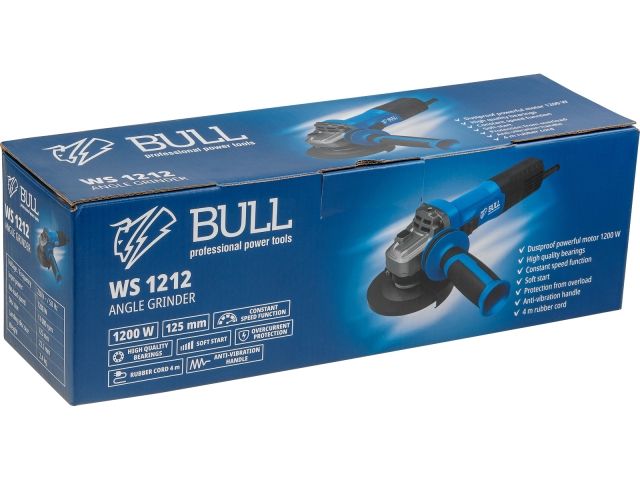 Одноручная углошлифмашина BULL WS 1212 в кор. 125 мм, 1200 Вт, плав. пуск., конст. эл. (11 000 об/мин, защита от перегрузки, защита от повто