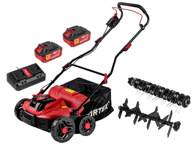Аккум. аэратор-скарификатор WORTEX CAE 3736 ALL1 XLT SET БЕСЩЁТ.ДВИГ., 18В+18В, шир. 37 см (2 4Ач акб, зу, вал для аэрации, вал для скарифик