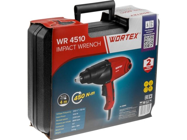 Гайковерт электрический WORTEX WR 4510 в чем. 450 Н*м, 1010 Вт, 3800 уд/мин (2200 об/мин., 4 м шнур, 3.4 кг)