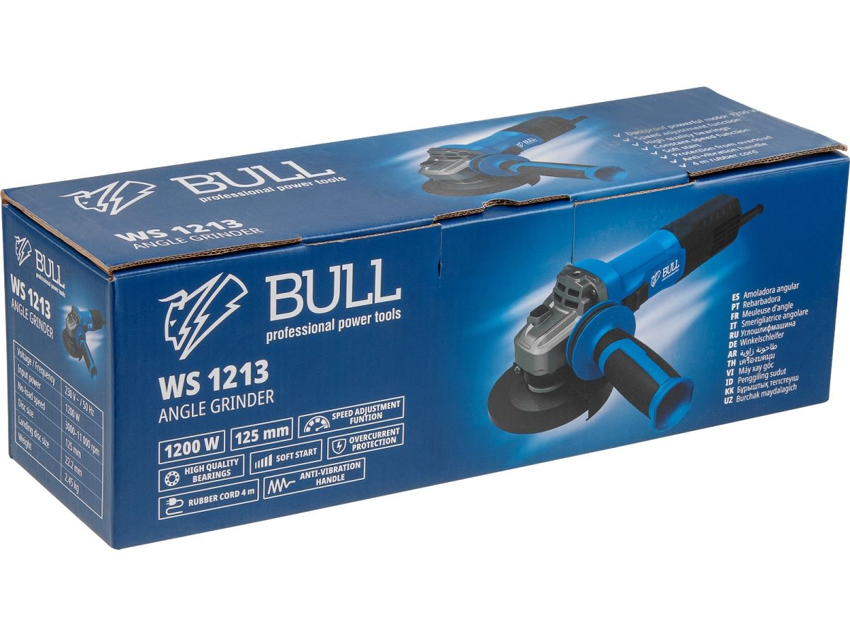 Одноручная углошлифмашина BULL WS 1213 в кор. 125 мм, 1200 Вт, плав. пуск., рег. об, конст. эл.