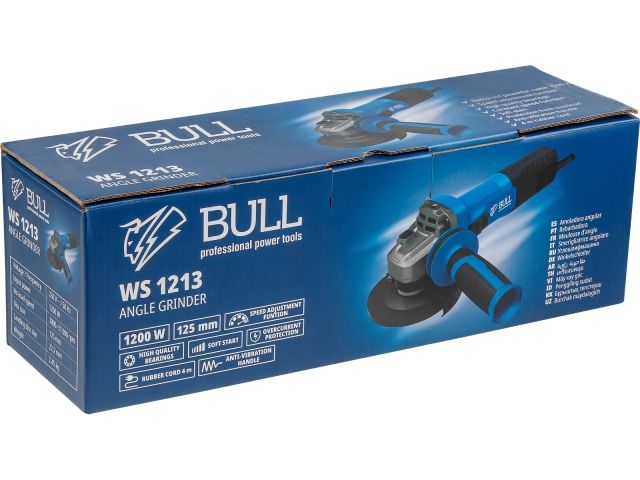 Одноручная углошлифмашина BULL WS 1213 в кор. 125 мм, 1200 Вт, плав. пуск., рег. об, конст. эл. (3000 - 11 000 об/мин, защита от перегрузки,