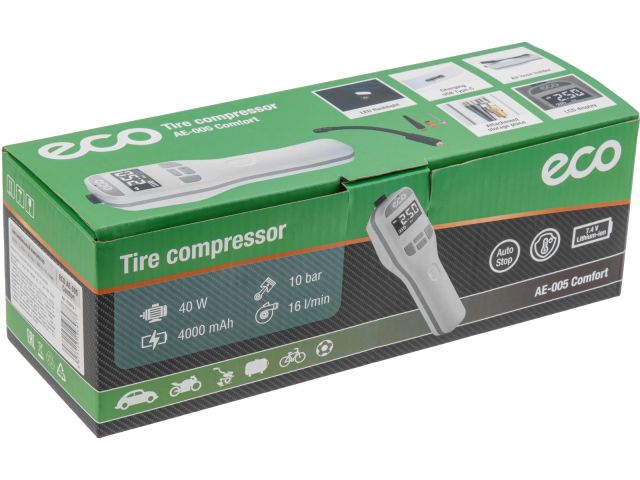 Компрессор автомобильный ECO AE-005 Comfort (7,4 В, 40 Вт, 16 л/мин, 4000 мА·ч, 10 Бар, LED дисплей, фонарь, 3 насадки, сумка.)