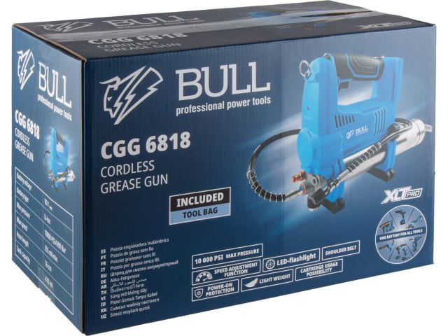 Аккум. шприц для смазки BULL CGG 6818 в кор. XLTpro SET 18 В, 690 атм., 255 г/мин, 1х4 А*ч, з/у 4 А (Шланг 76 см)