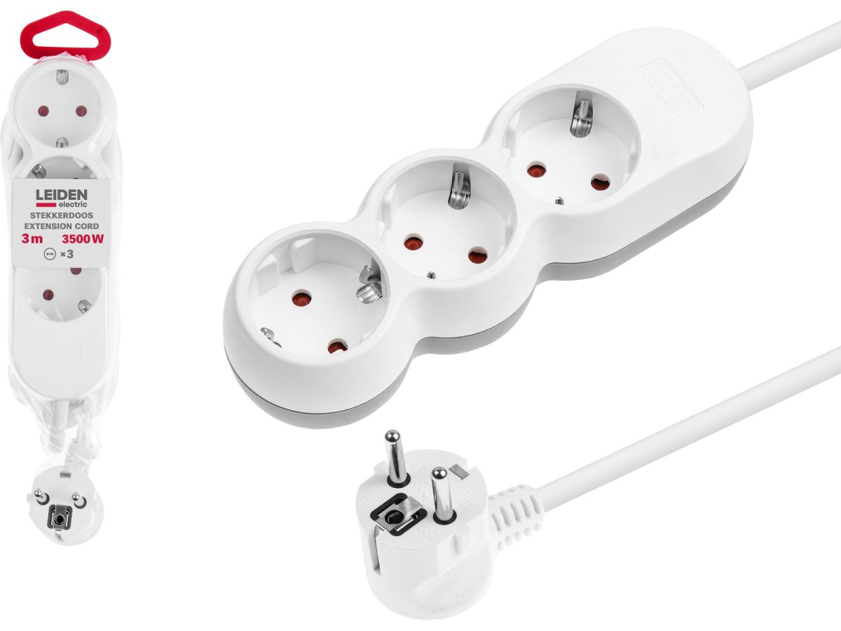 Удлинитель 3м (3 роз., 3,5кВт, с/з, ПВС 3х1,5) LEIDEN ELECTRIC