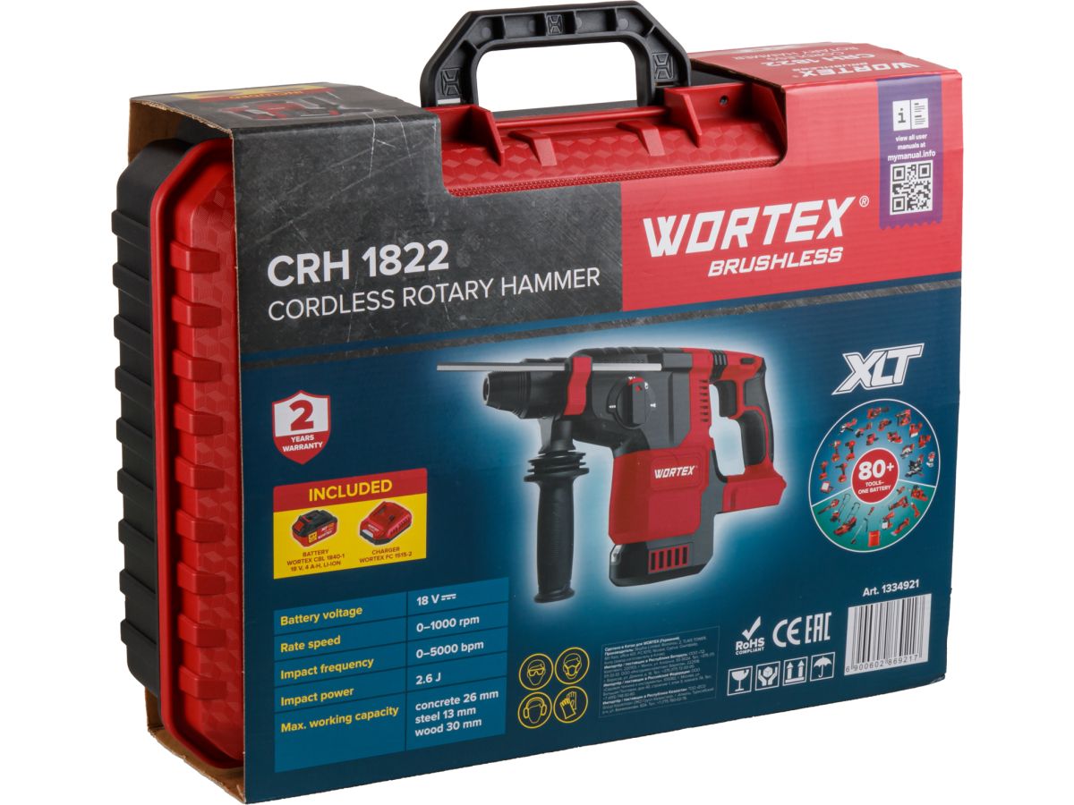 Аккум. перфоратор WORTEX CRH 1822 в чем. XLT SET БЕСЩЕТ., 18 В, 2.6 Дж, 26 мм, 1х4 А*ч