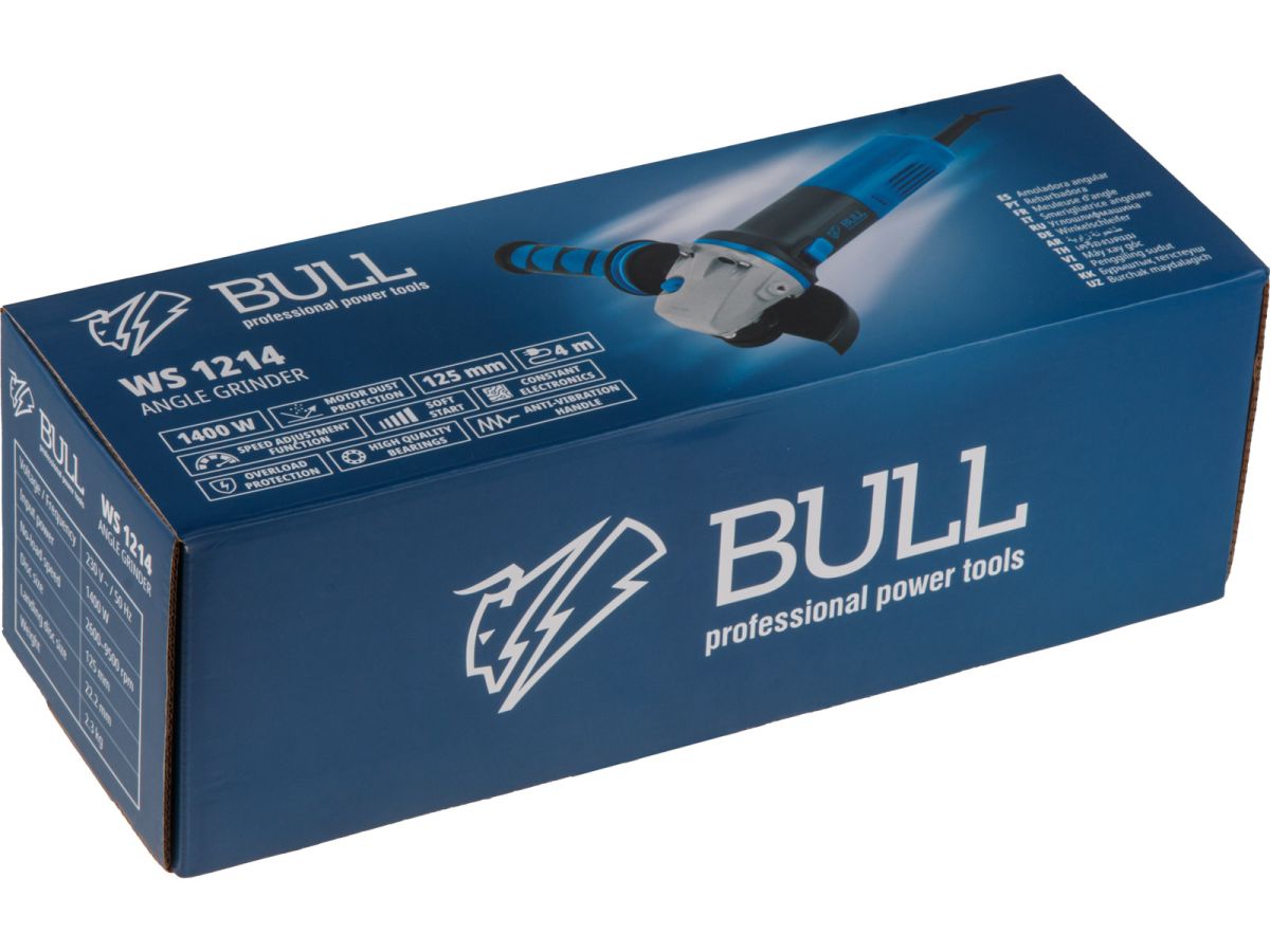 Одноручная углошлифмашина BULL WS 1214 в кор. 125 мм, 1400 Вт, плав. пуск., рег. об, конст. эл.