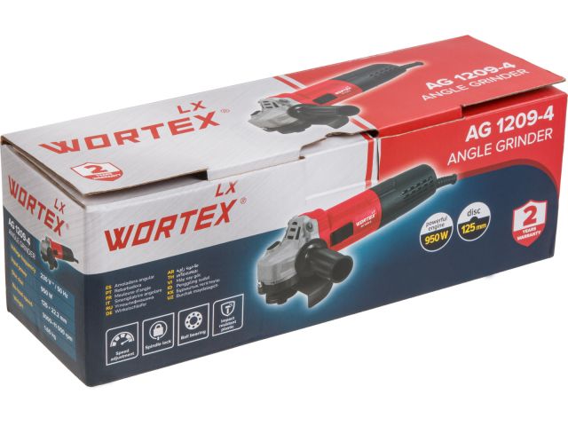 Одноручная углошлифмашина WORTEX LX AG 1209-4 в кор. 950 Вт, 125 мм, 3 000-11 000 об/мин. (рег.об., шариковый подшипник, блокировка шпинделя