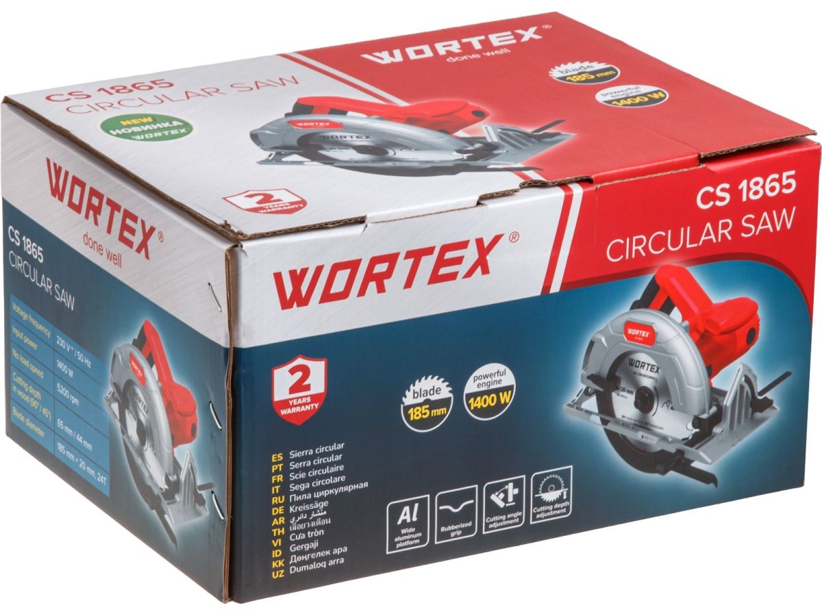 Циркулярная пила WORTEX CS 1865 в кор. 1400 Вт, 185 мм, пропил до 65 мм, алюм. подошва