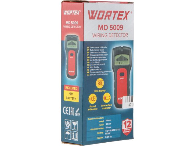 Детектор проводки WORTEX MD 5009 в кор., проводка 50 мм, металл 38 мм, 9 В крона (ЖК-дисплей, автокалибровка, электропроводка 50 мм, металл 