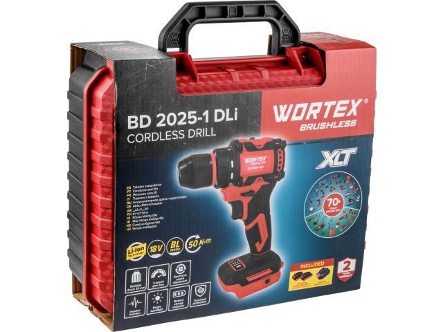 Аккум. дрель-шуруповерт WORTEX BD 2025-1 DLi в чем. ALL1 XLT БЕСЩЕТ, 18 В, 50 Н*м, 2х2 А*ч, БЗП 13 м (шурупы до 9 мм, защита от перегрузки и