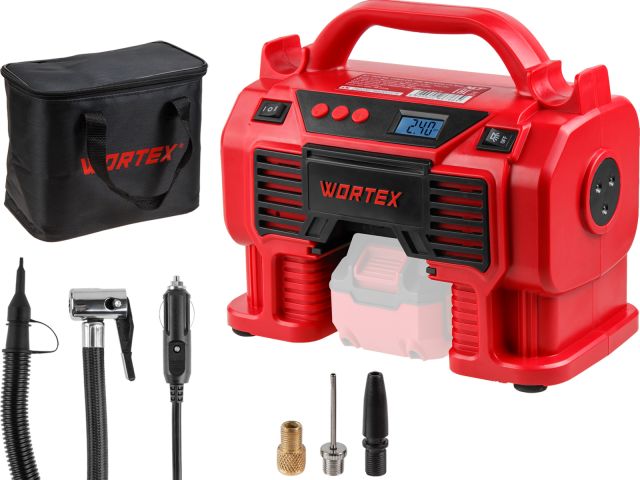 Аккум. компрессор WORTEX CTI 1810 в кор. ALL1 XLT SOLO 18 В, 11 бар, 9/360 л/мин (160 PSI / 1100 кПа, цифровой манометр, 790 мм шланг, подсв