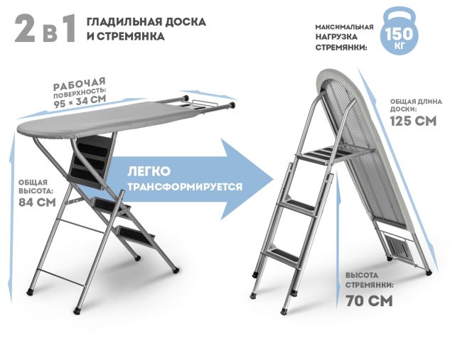 Доска гладильная - стремянка, Ruby 2, (1250х340 мм), с подставкой под утюг, PERFECTO LINEA