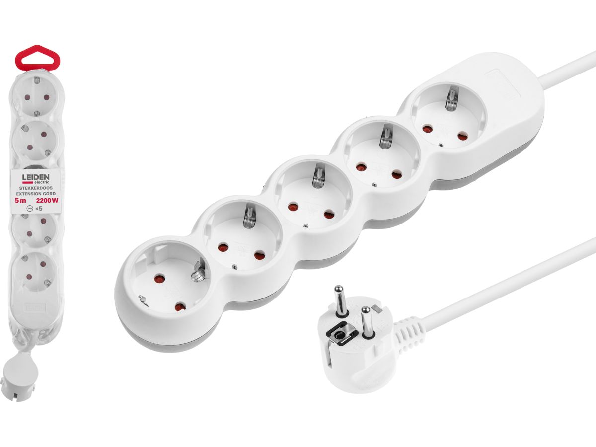 Удлинитель 5м (5 роз., 2,2кВт, с/з, ПВС 3х0,75) LEIDEN ELECTRIC