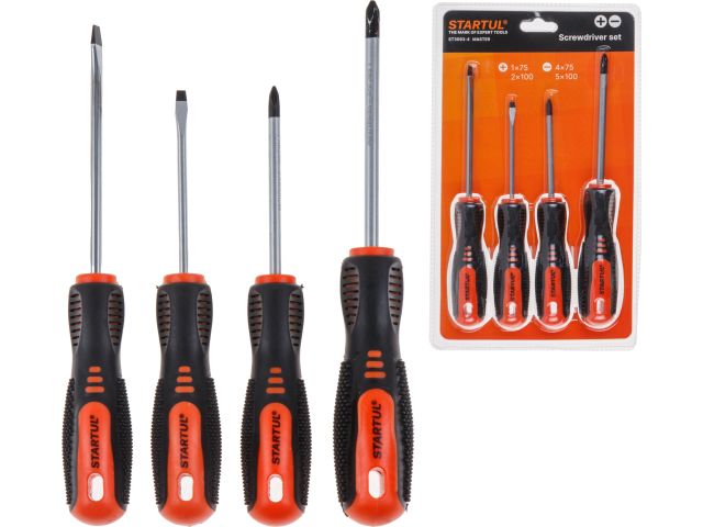 Набор отверток 4шт STARTUL MASTER (ST3093-4) (SL4х75,SL5х100,PH1х75,PH2х100
двухкомп. рукоятка Anti-Slip)