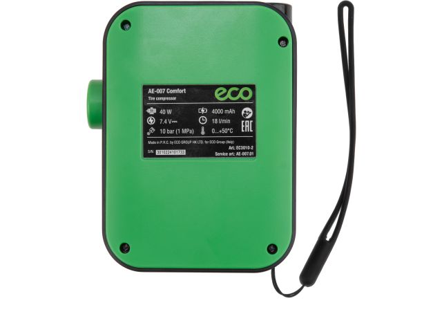 Компрессор автомобильный ECO AE-007 Comfort (7,4 В, 40 Вт, 18 л/мин, 4000 мА·ч, 10 Бар, LED дисплей, режим повербанка, фонарь, 4 насадки, су