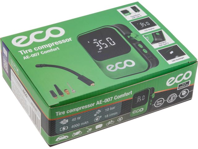 Компрессор автомобильный ECO AE-007 Comfort (7,4 В, 40 Вт, 18 л/мин, 4000 мА·ч, 10 Бар, LED дисплей, режим повербанка, фонарь, 4 насадки, су
