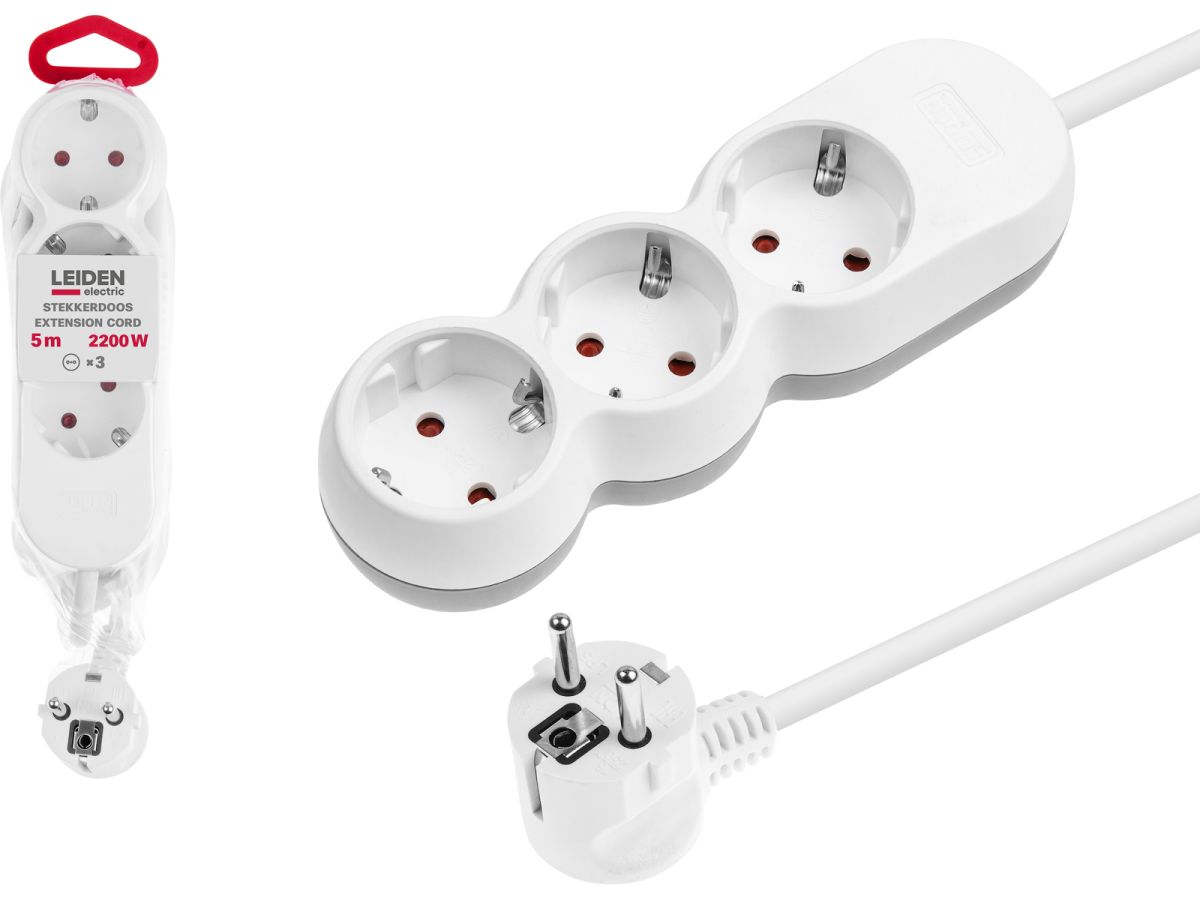 Удлинитель 5м (3 роз., 2,2кВт, с/з, ПВС 3х0,75) LEIDEN ELECTRIC