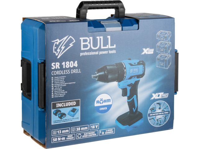Аккум. дрель-шуруповерт BULL SR 1804 R-series в чем. XLTpro БЕСЩЕТ., Импульс., 18 В, 50 Н*м, 2х2 А*ч (шурупы до 10 мм)
