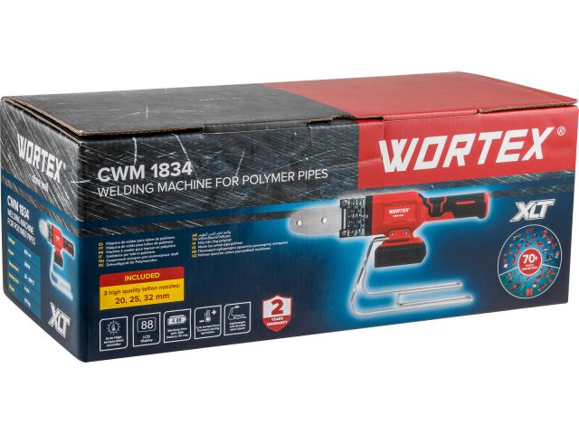 Аккум. сварочный аппарат для полимерных труб WORTEX  CWM 1834 ALL1 XLT SOLO + 3 насадки (300 Вт, 25-340 С, электронная регулировка.)