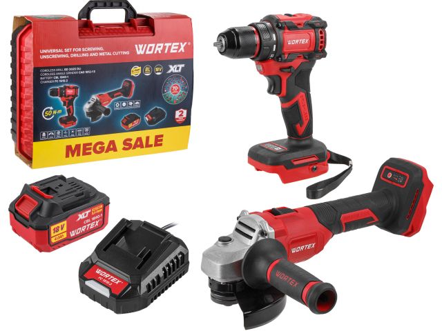 Набор аккум. инструмента WORTEX дрель-шуруповерт + ушм в чем. ALL1 XLT SET  СКИДКА -19% (Аккум. дрель-шур. WORTEX BD 2025 DLi + Аккум. УШМ W