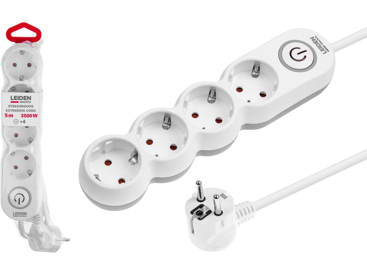 Удлинитель 5м (4 роз., 3,5кВт, с/з, выкл, ПВС 3х1,5) LEIDEN ELECTRIC