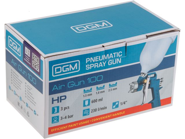 Краскораспылитель DGM Air Gun 100 (HP, сопла ф 1.5, 1.8, 2.5 мм, верх. бак 600 мл)