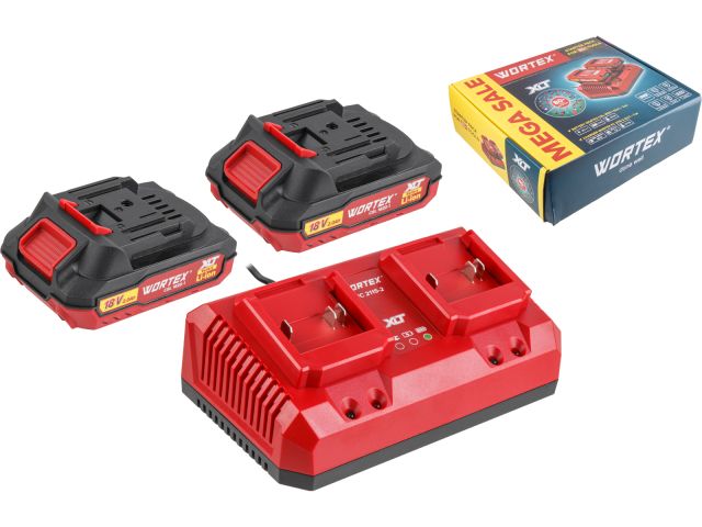 Набор аккумулятор 2х2 А*ч и зарядное устройство 2х2 А WORTEX ALL1 XLT в кор. SET (18.0 В, 2.0 А*ч, индикатор заряда, обрезиненный корпус, за