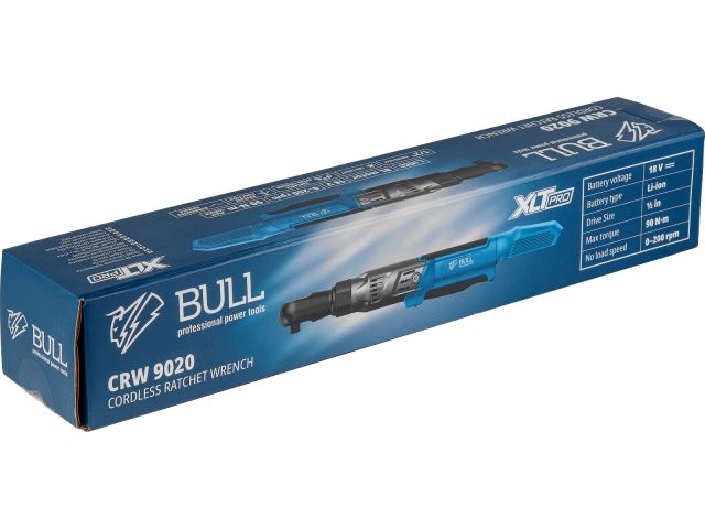 Аккум. угловая трещотка (гайковерт) BULL CRW 9020 в кор. XLTpro SOLO 90 Нм, 0-200 об/мин., LED (внешний квадрат, 1/2", 1.18 кг)
