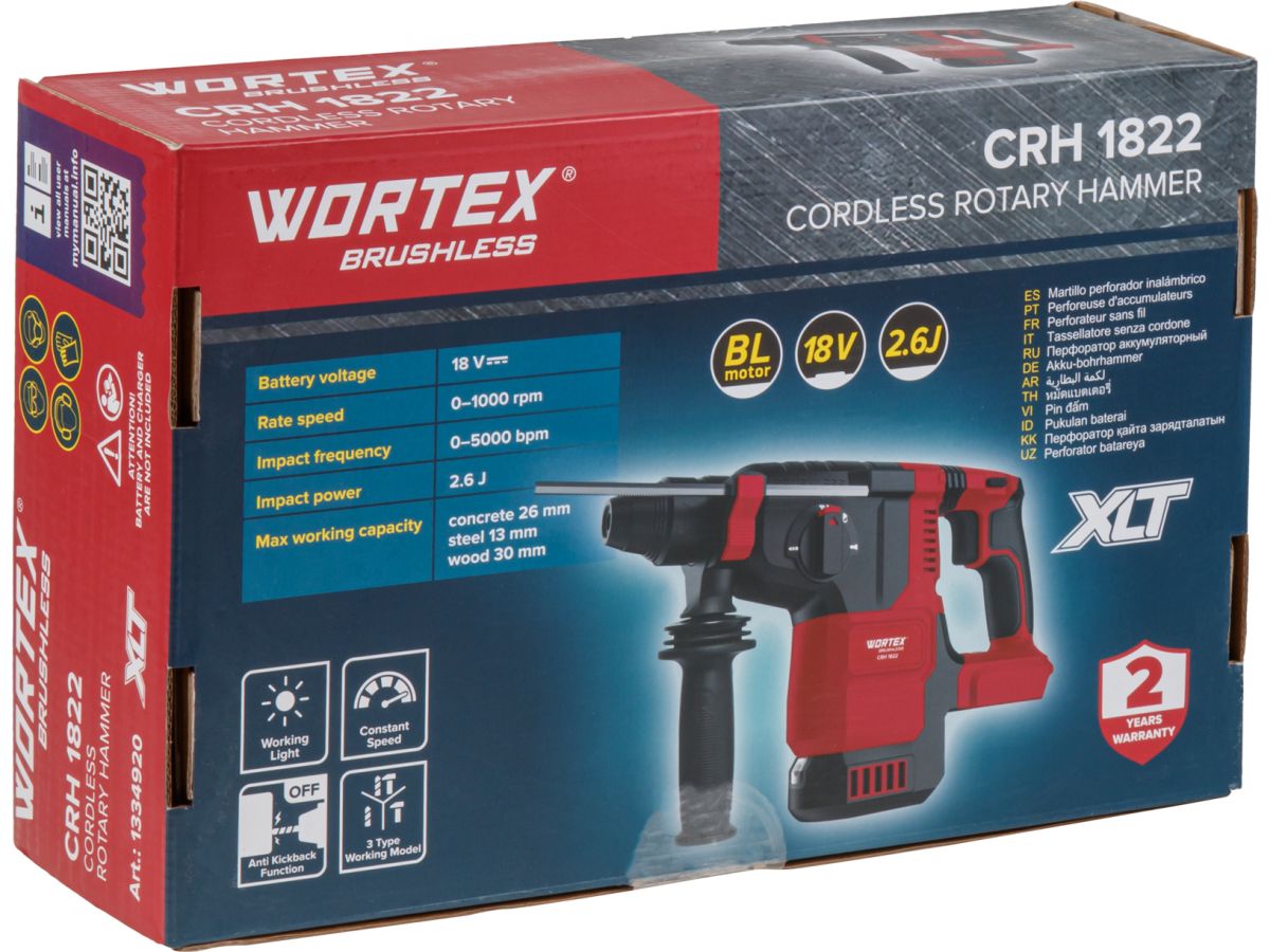 Аккум. перфоратор WORTEX CRH 1822 в кор. XLT SOLO БЕСЩЕТ., 18 В, 2.6 Дж, 26 мм