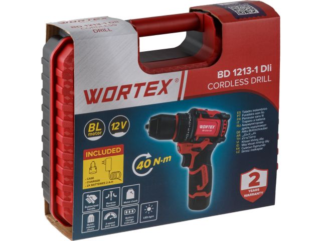 Аккум. дрель-шуруповерт WORTEX BD 1213-1 Dli в чем. 12 В, 40 Н*м, 2х2 А*ч, БЗП 10 мм (БЕСЩЁТ.ДВИГ., подсветка рабочей зоны, метал. патрон)