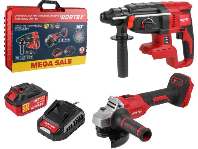 Набор аккум. инструмента WORTEX перфоратор + ушм в чем. ALL1 XLT SET СКИДКА -17% (Аккум. перф. WORTEX CRH 1824-2 + Аккум. УШМ WORTEX LX CAG 