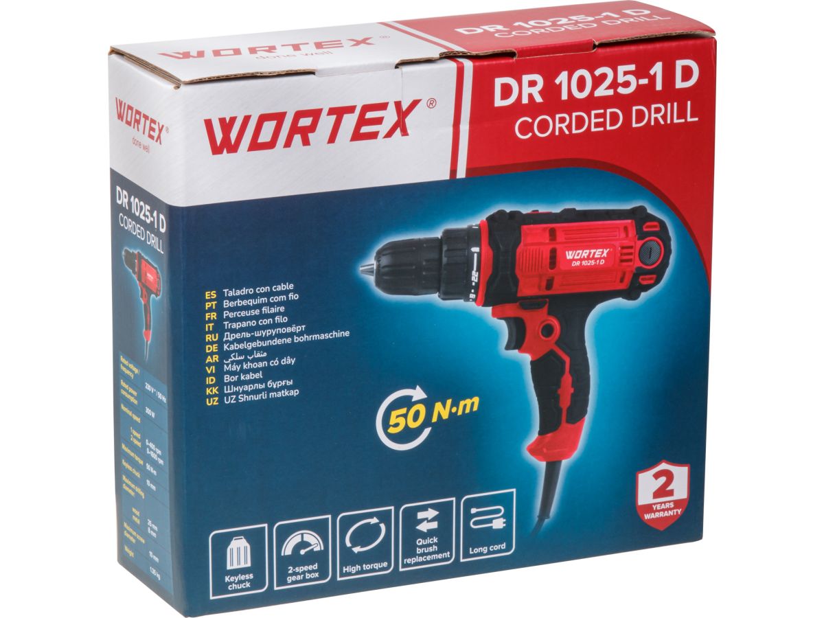 Дрель-шуруповерт WORTEX DR 1025-1 D в кор. 300 Вт, 50 Нм, 2 скор., быстрозажимной патрон: 10 мм